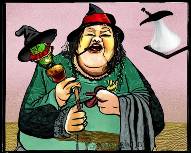 Prompt: fat witch smokin bong. the witch is smoking a bong. the witch smells really bad. the stinky witch needs a shower.