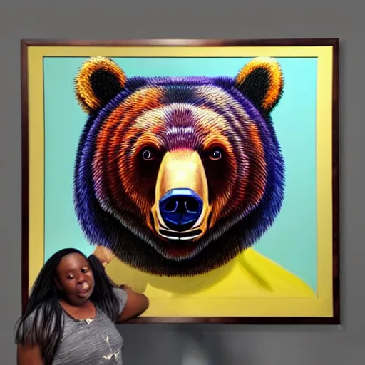 Prompt: a painting of a bear in front of a large screen, a digital rendering by chinwe chukwuogo - roy, behance, neo - dada, behance hd, 3 d, maximalist