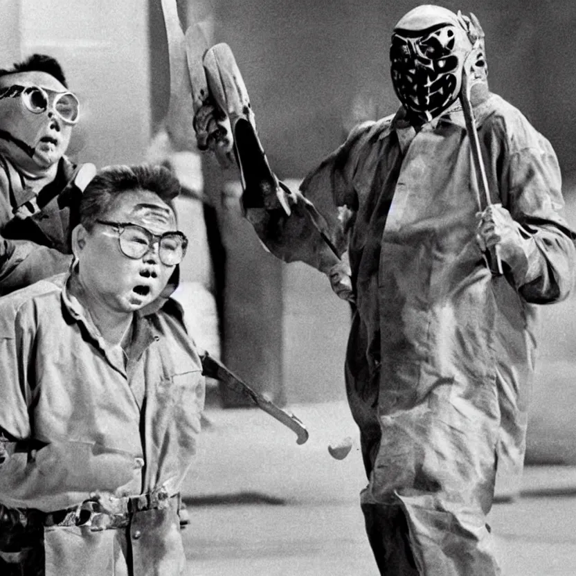 Image similar to a still of Kim Jong-il as Jason Voorhees, north Korean slasher, iconic hockey mask, machete