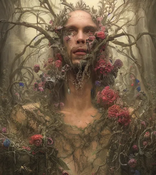 Prompt: portrait of the supreme king of the underworld, cryptic, mysterious, surrounded by skulls and overgrowth and flowers and cords, mist by karol bak, James Jean, tom bagshaw, rococo, trending on artstation, cinematic lighting, hyper realism, octane render, 8k, hyper detailed.