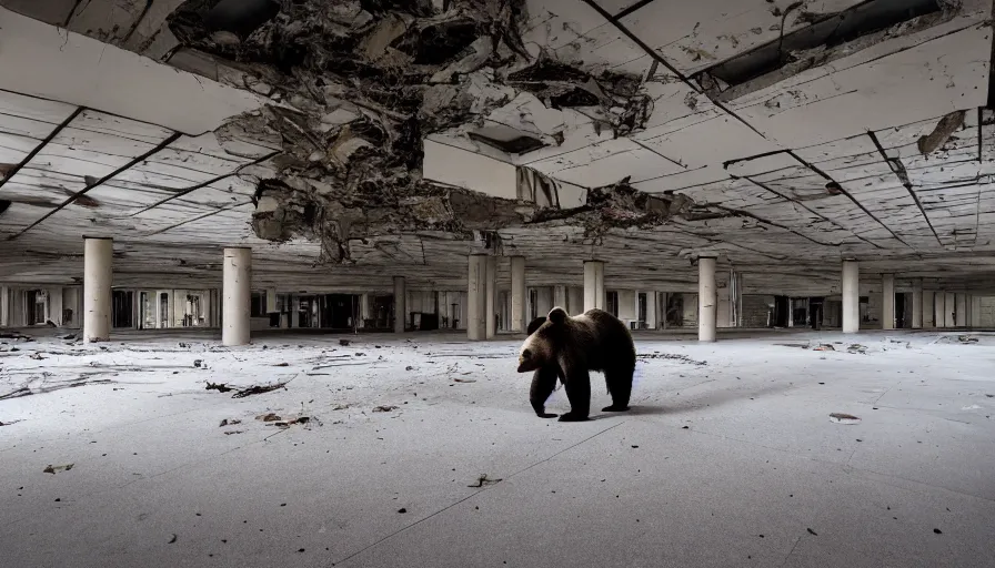 Prompt: a bear, in an abandoned mall, dim, photography
