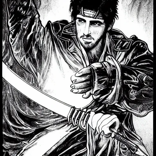 Image similar to pen and ink!!!! attractive 22 year old cyborg Frank Zappa x Ryan Gosling golden Vagabond!!!! magic swordsman glides through a beautiful battlefield magic the gathering dramatic esoteric!!!!!! pen and ink!!!!! illustrated in high detail!!!!!!!! by Hiroya Oku!!!!!!!!! Written by Wes Anderson graphic novel published on shonen jump MTG!!! 2049 award winning!!!!