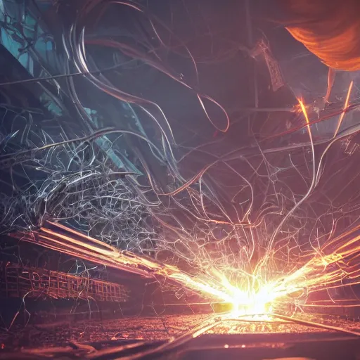 Image similar to overcharging toaster oven, tangles of metallic cables, dark messy smoke - filled cluttered workshop, dark, dramatic lighting, orange tint, sparks, plasma charges, cinematic, highly detailed, sci - fi, futuristic, movie still