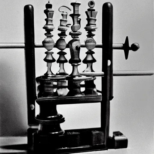 Prompt: an ancient machine, artificial intelligence chess machine, 1914 , in the style Man Ray and Hito Steyerl, CERN archives, 35mm film