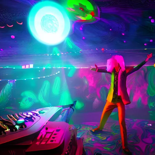 Prompt: tall wizard DJing a psychedelic dance party, trending on artstation, hyperrealistic, unreal engine