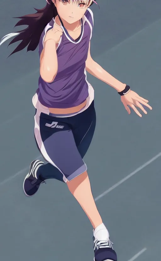 Image similar to girl running in her sport clothes, anime style, occlusion shadow, specular reflection, rim light, unreal engine, range murata, artstation, pinterest, art by hiroaki samura and ilya kuvshinov and rossdraws, intricate, highly detailed 8 k, art deco illustration, extremely beautiful shape of face, neck, shoulders eyes