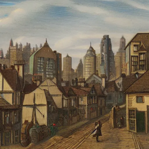 Prompt: a cityscape, settlement, buildings, detailed scenery, victorian time period —width 672