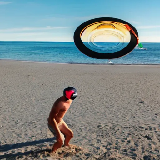 Prompt: a man wearing a vr headset on the beach while throwing a frisbee