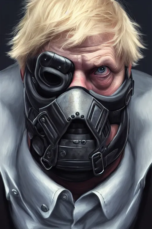 Image similar to Boris Johnson as a Bane from Dark Knight, Boris Johnson hairstyle, realistic portrait, symmetrical, highly detailed, digital painting, artstation, concept art, smooth, sharp focus, illustration, cinematic lighting, art by artgerm and greg rutkowski and alphonse mucha