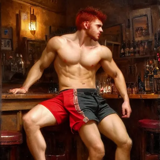 Image similar to attractive muscular male with red hair and attractive muscular male with black hair. pants and shorts, drinking their hearts out, having fun, in a pub. highly detailed and very defined painting by gaston bussiere, j. c. leyendecker, craig mullins 8 k