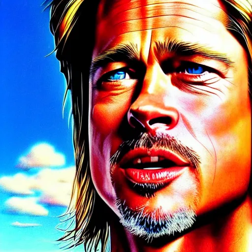 Prompt: brad pitt, clouds, blue sky art by peter lloyd, 1 9 8 0's art, airbrush style, art by hajime sorayama,, intricate, elegant, sharp focus, illustration, highly detailed, concept art, matte, sharp focus, illustration, highly detailed, 6 4 0