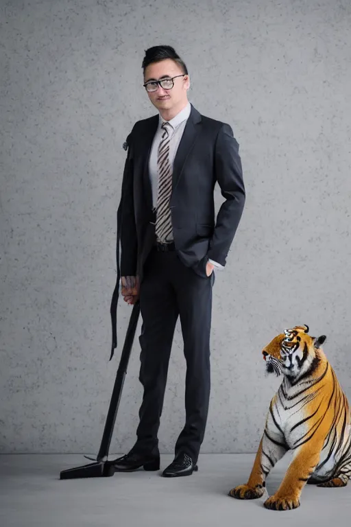 Prompt: high quality presentation photo of a tiger dressed in a dark business suit and tie, Anthropomorphic, photography 4k, f1.8 anamorphic, bokeh, 4k, 85mm lens