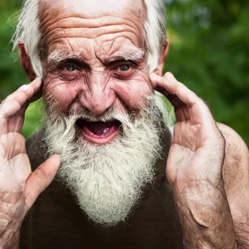 Image similar to crazy old deprived bearded man desperately devouring heaven key candles