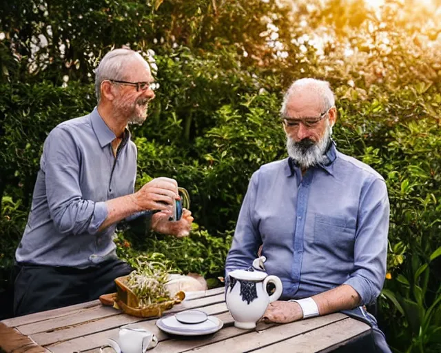 Image similar to mr robert is drinking fresh tea in a garden from spiral mug, detailed face, wearing choker, grey beard, golden hour, red elegant shirt