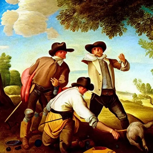 Prompt: cowboys having a water balloon fight, hyper realistic, 1 7 0 0 s style renaissance painting