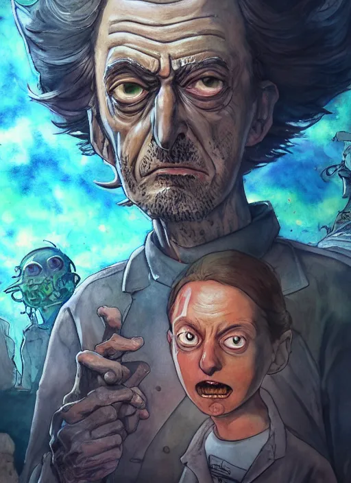 Image similar to portrait, Rick and Morty, watercolor, dramatic lighting, cinematic, establishing shot, extremly high detail, foto realistic, cinematic lighting, pen and ink, intricate line drawings, by Yoshitaka Amano, Ruan Jia, Kentaro Miura, Artgerm, post processed, concept art, artstation, matte painting, style by eddie mendoza, raphael lacoste, alex ross