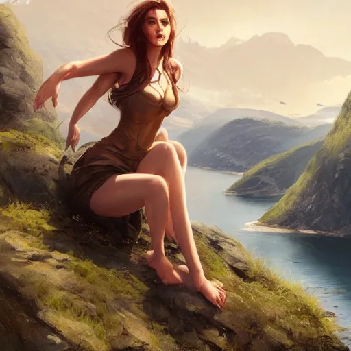 Image similar to a beautiful woman laying on the edge of a cliff above a fjord, in the style of greg rutkowski, artgerm, artstation, forest in background, highly detailed, digital art, gorgeous