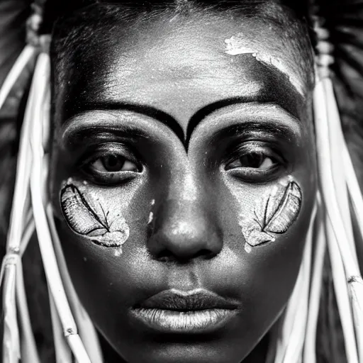 Prompt: minimalist photography portrait of an elaborately adorned female shaman warrior, face scars, symmetrical, super close up, mid thirties, cute round slanted eyes, ebony skin, wide nostrils, high cheekbones, high flat eyebrows, ethereal essence, angelic, leica 1 0 0 mm f 0. 8