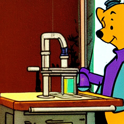 Image similar to winnie the pooh dressed in a lab coat working in a brightly lit laboratory