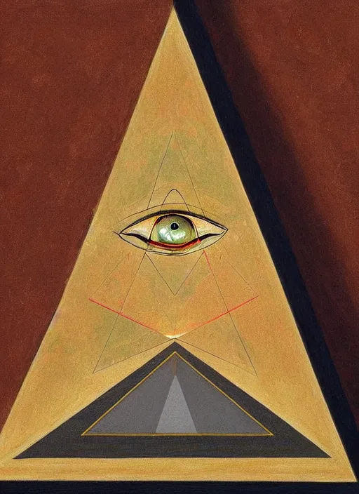 Image similar to illuminati pyramid with an eye floating on top of it, hyper detailed 8k realistic painting by Hilma At Klint, trending on artstation