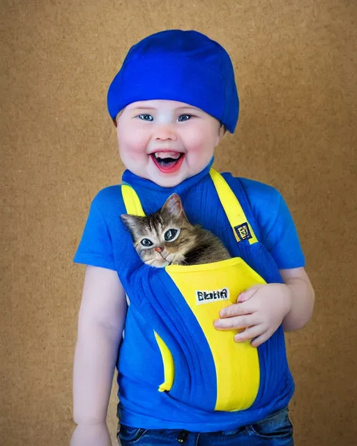 Prompt: banana wearing a cobalt blue vilt hat and wearing a baby sling with a kitten inside, color studio portrait, golden ratio, backlit, happy, detailed eyes