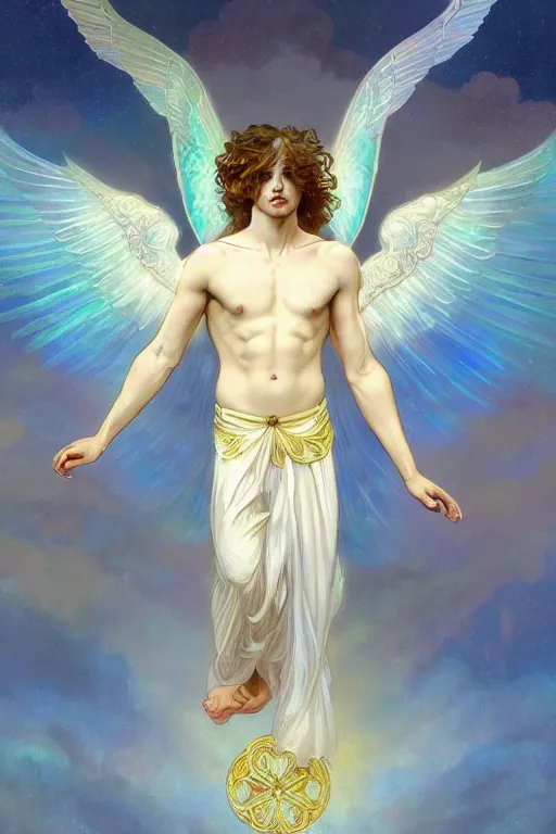 Prompt: fullbody portrait of a beautiful young fit male angel with curly blond hairs, full dressed in long fluent clothes, bare feet, majestic symmetrical big dove wings, luminous halo, by greg rutkowski and alphonse mucha, gradient white to gold, in front of an iridescent background, highly detailed portrait, digital painting, artstation, concept art, smooth, sharp focus illustration