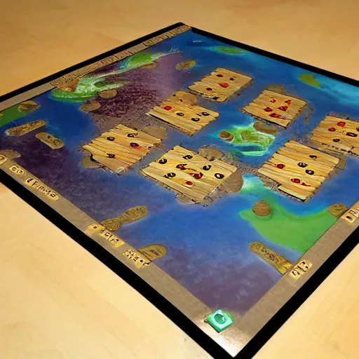 Image similar to board for a board game including two large islands, two medium sized islands, and one small island