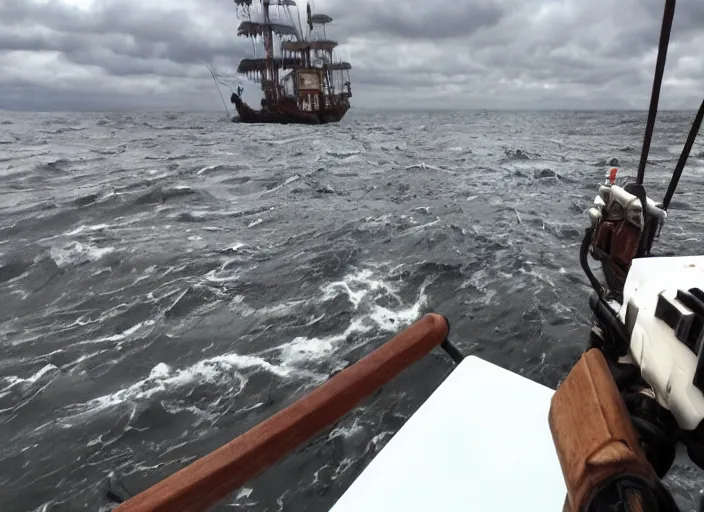 Image similar to Heavy seas on a pirate ship, first person