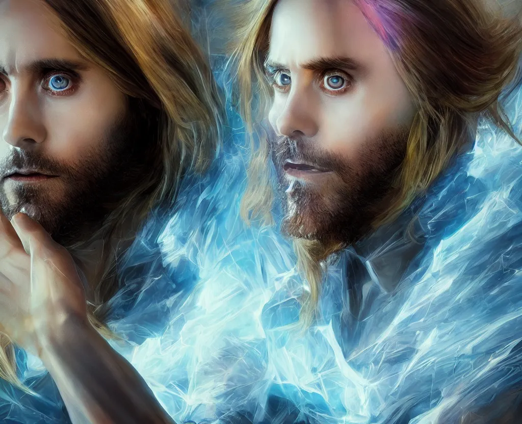 Image similar to dramatic portrait of Jared Leto, bloomed lighting, angelic, futuristic, beautiful colors, slightly golden, very sharp likeness, very detailed, chopping hands, electrical details, cinematic lighting high details, 4k, 8k, trending on artstation, ultra-realism, by Boris Vallejo and Hajime Sorayama
