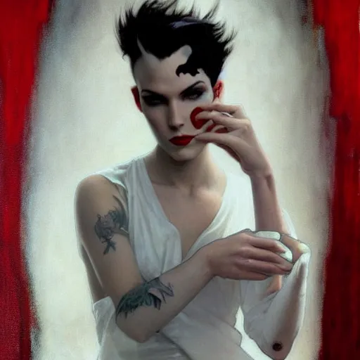 Prompt: beautiful portrait of androgynous ruby rose as desire from sandman in a white tuxedo!!!, rockabilly style, by alphonse mucha, cedric peyravernay, by jeremy mann, by frank moth, white suit and black tie, double picture, soft lightning, high detailed, 8 k