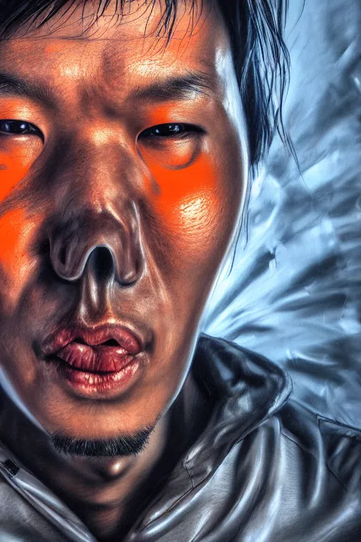 Image similar to hyperrealistic close-up graffiti exoskeleton! chinese man highly detailed concept art eric zener elson peter cinematic hard orange lighting high angle hd 8k sharp shallow depth of field