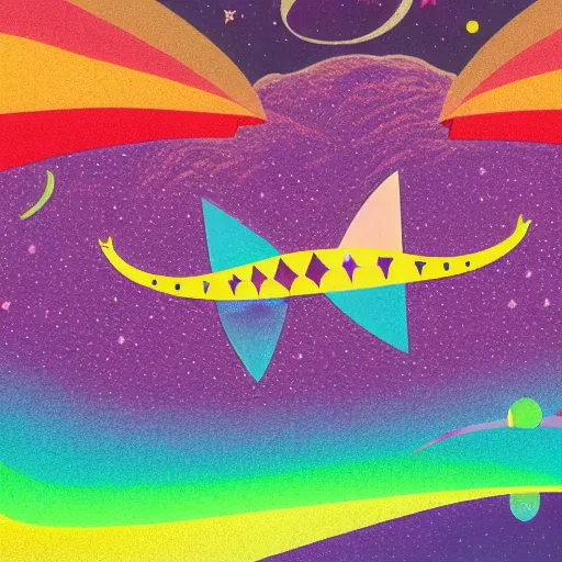 Prompt: a picture of the loch ness monster flying in space wearing rainbow colored slotted shapes, psychedelic, absurdism, ultrawide angle, stars in space, 4 k, artstation