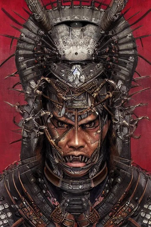 Prompt: digital face portrait painting of a male samurai warrior magus by yoshitaka amano, hajime sorayamai, wlop, samurai armour by h. r. giger, in the style of dark - fantasy, intricate detail, skull motifs, red, bronze, artgerm