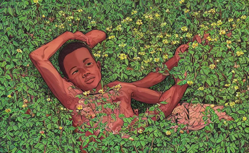 Image similar to african boy lying down in a garden - wrapped in flower vines, art by james jean, sharp, detailed, digital painting, illustration, intricate detail, pinterest, behance, art station,