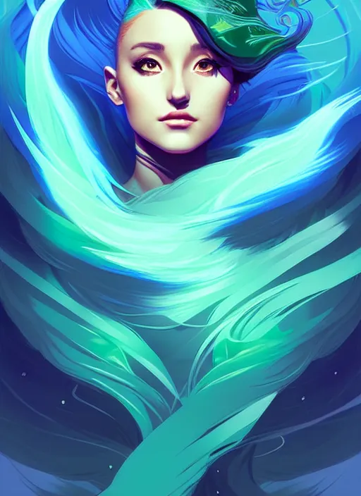 Image similar to style artgerm, joshua middleton, illustration, ariana grande as a high priestess wearing green pelt light armor, blue hair, swirling water cosmos, fantasy, dnd, cinematic lighting