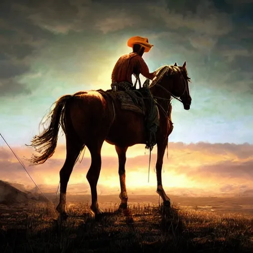 Image similar to a wounded cowboy watching a sunset, concept art, DeviantArt, art station, illustration, highly detailed, artwork, cinematic, hyper realistic