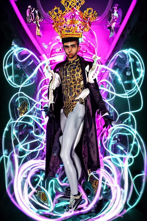 Image similar to full-body rococo and cyberpunk style neon statue of a young attractive Zayn Malik macho dotado e rico android sim roupa reclining con las piernas abertas e la piroca dura, glowing white lasers, glowing eyes, golden prince crown, black steampunk gears, pink diamonds, swirling mint-colored silk fabric. futuristic elements. black dripping tar. full-length view. space robots. human skulls. intricate artwork by caravaggio. Trending on artstation, octane render, cinematic lighting from the right, hyper realism, octane render, 8k, depth of field, 3D