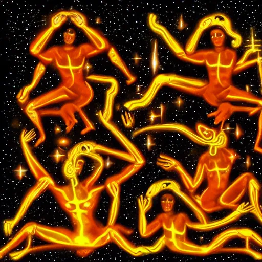 Prompt: the glowing human forms of pancha bhutas wielding their respective elements against a starry galaxy, with a small human silhouette prostrating in front of them