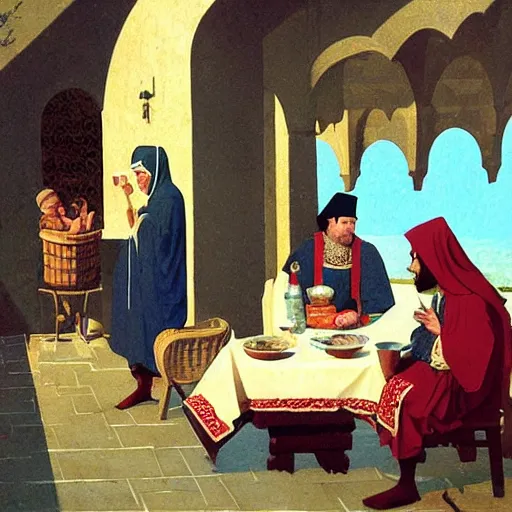 Image similar to ' a medieval turkish nobleman takes breakfast at his coastal manor with his family '. painting by angus mcbride, art with high fidelity realistic textures and figures.