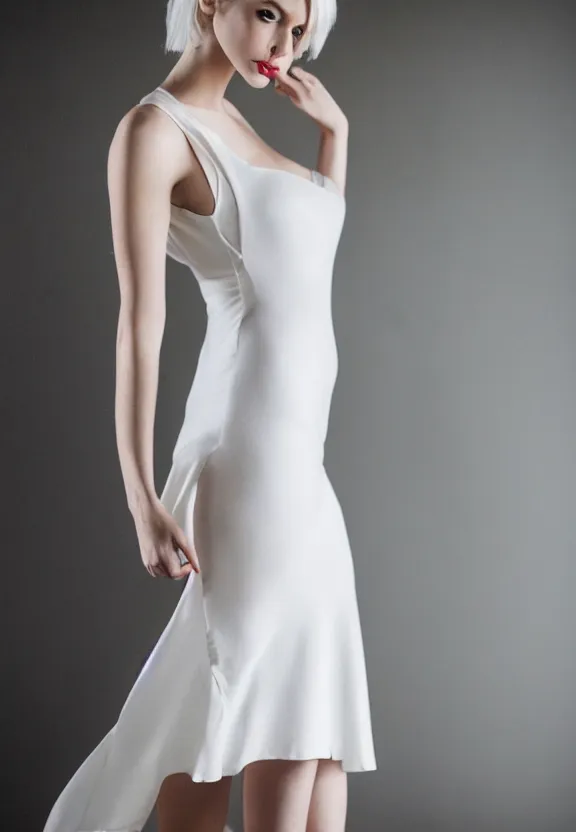 Image similar to photo of gorgeous seductive tall emily skinner cosplaying annie leonhart wearing open toe heels, wearing tight white dress, in a white room, beautiful face, pale skin, rule of thirds, cinematic lighting, sharp focus, backlit, stunning, smooth, hard focus, full body shot, studio photo, shot on sony a 7 iii