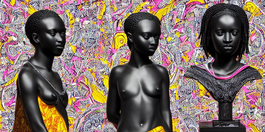 Image similar to masterpiece of a glossy black marble statue of an african girl with colorful african pattern logos in the background in the style of virgil abloh, very very beautiful, detailed, realistic carved marble statue, fine art, off white, heron preston, techno, rave, 8 k, 4 k, detailed, realistic, beautiful, symmetrical, vogue, paris, fashion