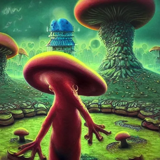 Image similar to A centered chest up portrait of a psychedelic demonic anthropomorphic frog smoking a hand-rolled cigarette smoking heavily , magic mushroom village in background . award winning. superb resolution. in the art style of junji Ito and greg rutkowski . Detailed Mushroom city in background. Hyper realistic anime. Perfect art. Dalle2