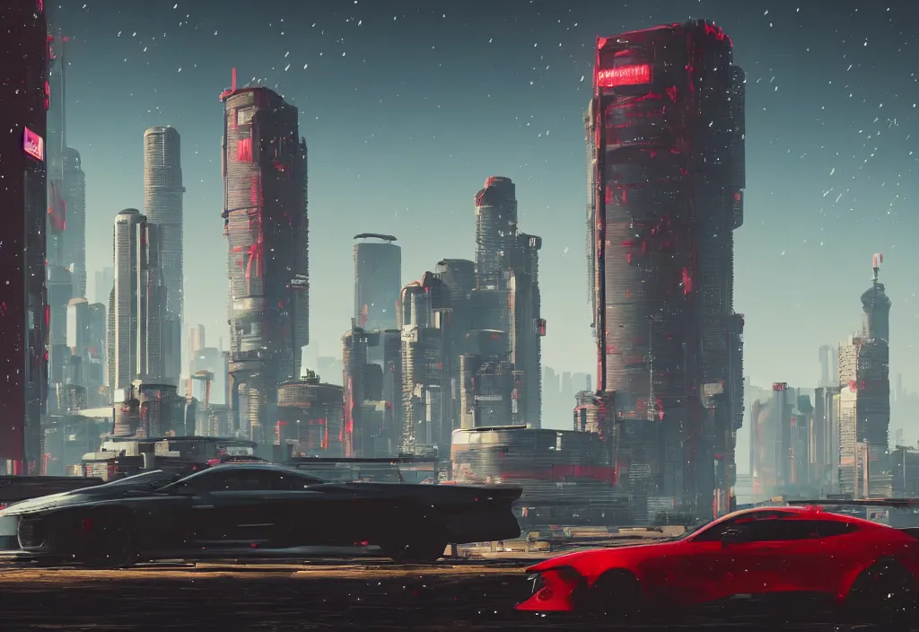 Prompt: modern red and black corporate concrete and glass tower on a cold, snowy hill overlooking a massive ocean. Concept art, cyberpunk 2077.