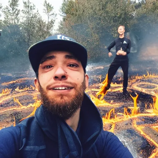 Image similar to a selfie of a guy making a peace sign while standing in a fire