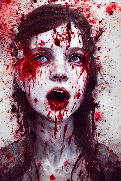 Image similar to photorealistic portrait of a viking girl roaring with blood splattered on her by ayami kojima and ewelina kowalczyk and alessio albi, trending on artstation