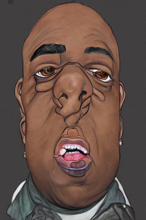 Image similar to a wonderful caricature portrait of biggie small in style of egon schiele, masterpiece, hyperdetailed, complex, intricate, 4 k, trending on artstation