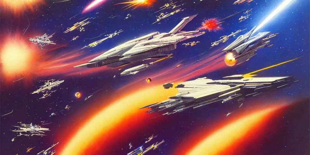 Image similar to a beautiful space battle, lightning, angry, kinetic, ralph mcquarrie, jama jurabaev, syd mead, john berkey, robert mccall trending on artstation, highly detailed oil painting