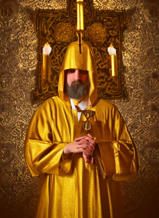 Image similar to orthodox priest in golden clothes with cute caracal head, wearing vr, in orthodox church, orthodox icons, volumetric lighting, night, darkness, atmospheric, ambients, dramatic, noir, blur, bokeh, cinematic, depth of field, 8 0 mm, f 1. 8