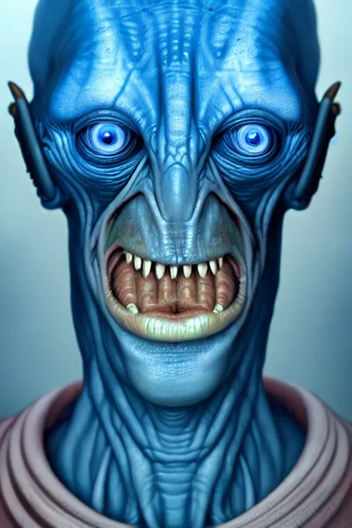 Image similar to hyperrealistic close-up alien! highly detailed concept art eric zener elson peter cinematic hard blue lighting high angle hd 8k sharp shallow depth of field, inspired by David Paul Cronenberg and Zdzisław Beksiński