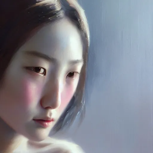 Image similar to perfect, realistic oil painting of close-up japanese girl face, by Greg Rutkowski, by an American professional senior artist, Hollywood concept, dynamic composition and motion, postproduction.